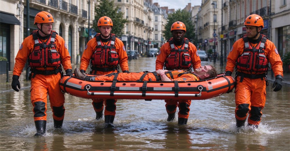Four rescuers in full orange gear carrying patient on authentic foam-filled platform-stretcher with horizontal straps and inserted aluminum poles, walking through waist-deep brown flood water, realistic documentary style.