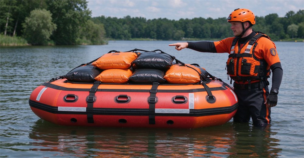 Authentic foam-filled floating platform with horizontal straps, buckles and drainage holes floating on river, four orange-black sandbags labeled 150kg total stacked on platform, professional rescuer in full gear pointing at load demonstration, no people on platform.