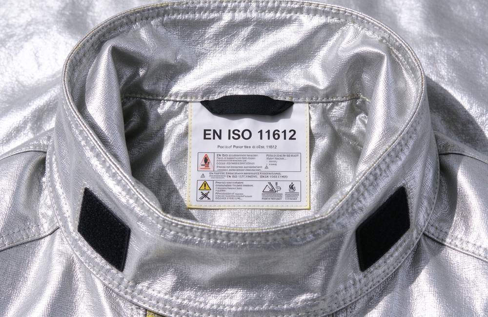 Overhead view of eN ISO 11612 level label on aluminized fire proximity suit for radiant heat protection standard verification by buyers and quality assurance teams