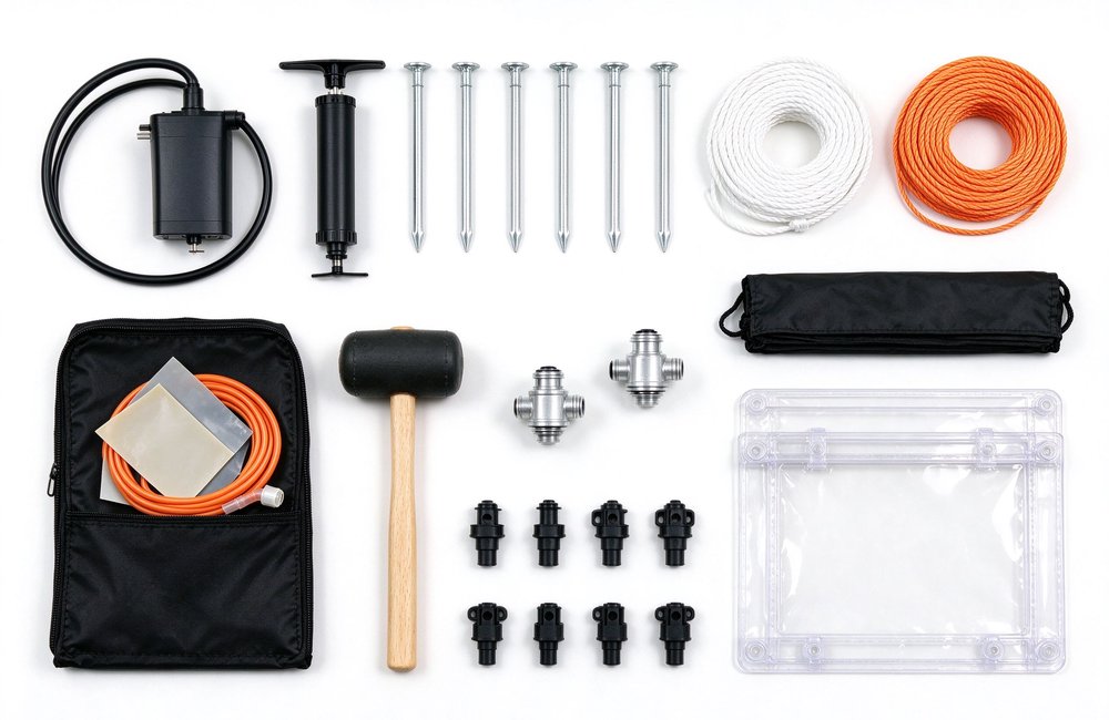 Inflatable emergency shelter accessories spread flat lay with high-capacity electric air pump manual backup pump metal stakes guylines repair kit storage bag hammer valves
