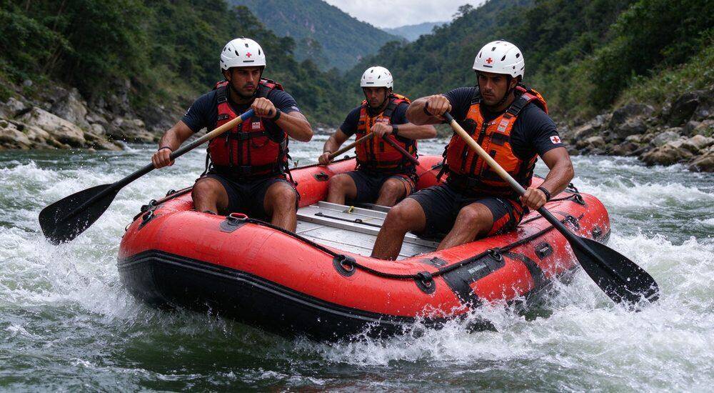 Whitewater rescue boat with diverse professional rescue team navigating turbulent rapids using self-bailing inflatable rescue raft in swiftwater emergency operation with full safety gear for water response Whitewater rescue boat with diverse professional rescue team navigating turbulent rapids using self-bailing inflatable rescue raft in swiftwater emergency operation with full safety gear for water response