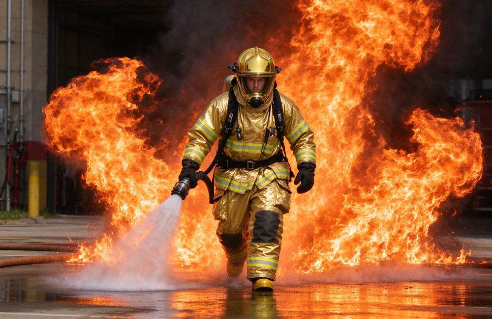 Eye-level view of firefighter in carbon fiber fire entry suit entering direct flame zone for extreme heat entry operation demonstrating fire entry suit protection for fire rescue teams