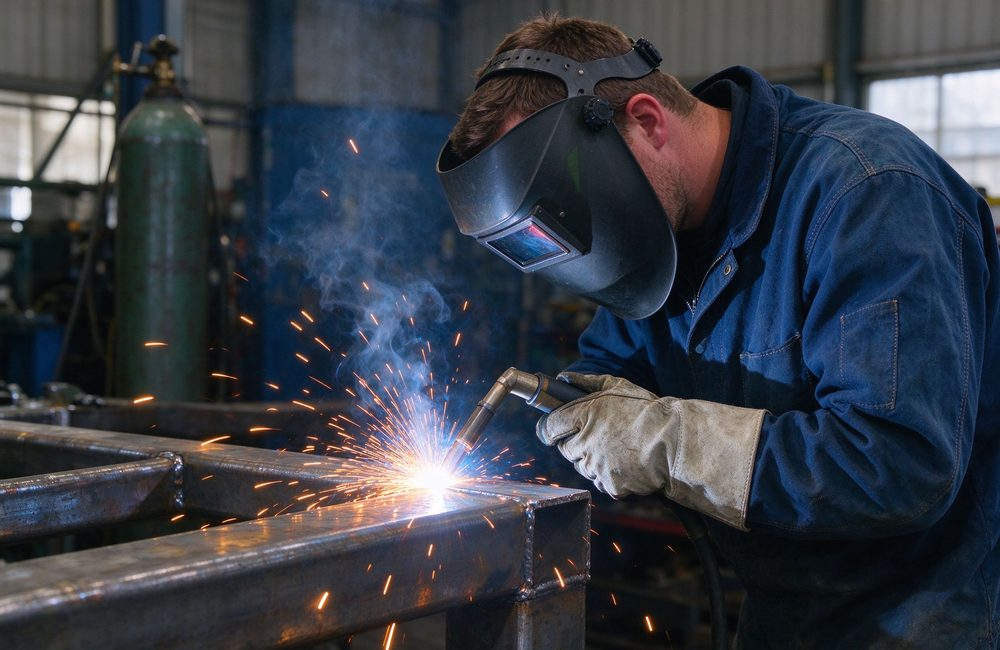 Aerial view of welder in FR coveralls with metal splash protection for fire resistant protective clothing and flame resistant workwear welding safety demonstration