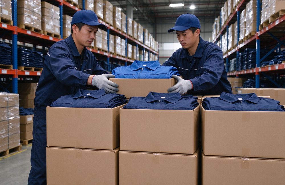 Eye-level view of fR coveralls export packing in cartons for flame resistant workwear international supply and fire resistant protective clothing overseas delivery for flame resistant workwear buyers