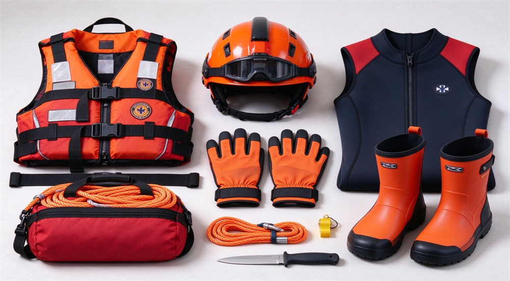 Full set of water rescue gear laid flat, including life vest, protective helmet, gloves, rope bag, rescue boots and supporting tools Full set of water rescue gear laid flat, including life vest, protective helmet, gloves, rope bag, rescue boots and supporting tools