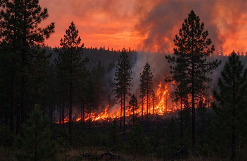 Dramatic view of wildfire spreading through coniferous forest at dusk, bright orange fire and heavy smoke fill the sky, wildfire evacuation emergency
