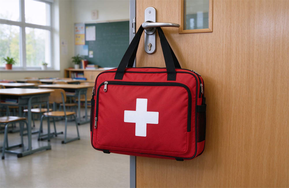 Red classroom emergency evacuation kit marked with white cross hangs on wooden classroom door handle, ready for quick access during school emergency incidents