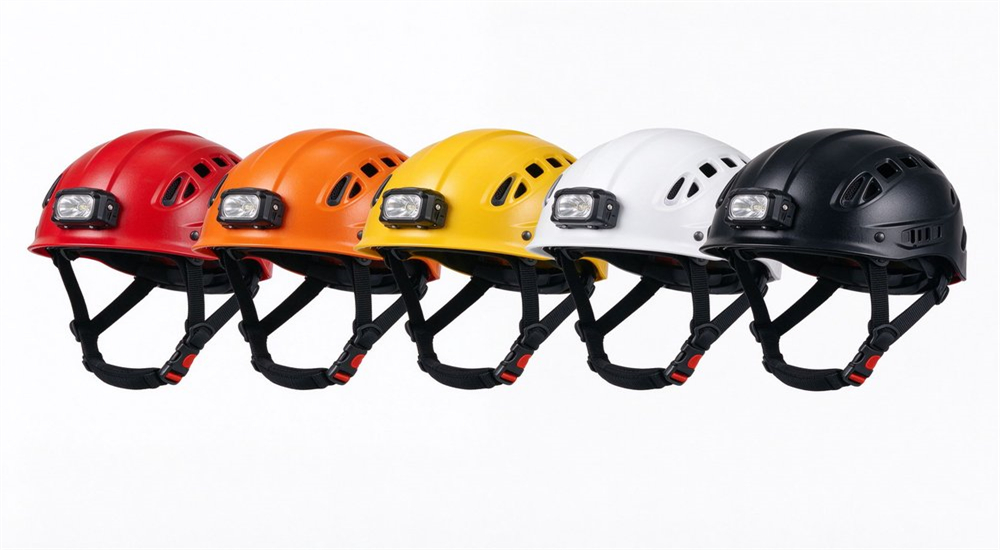 Five different colored water rescue helmets with attached headlamps displayed showing orange red yellow blue and white options with ear protection for maritime safety equipment