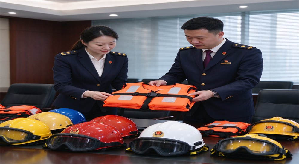 Government procurement officers reviewing and inspecting life jacket samples and maritime rescue equipment during formal purchase evaluation process for coast guard equipment supply contracts
