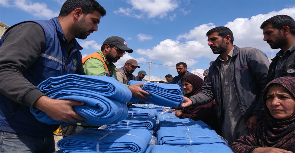 Wide view of relief worker handing blue blanket to family at outdoor distribution point showing humanitarian aid distribution