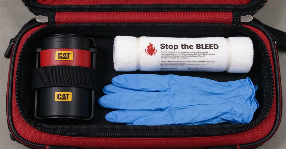 Front view of black red Stop the Bleed bleeding control kit mounted on wall showing public access hemorrhage control stations