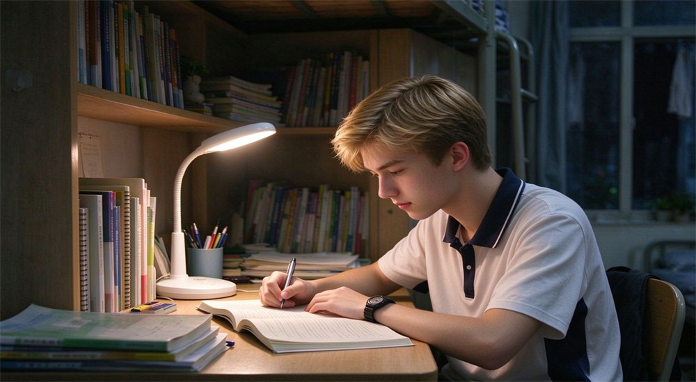 Student studying with school desk lamp at night for school dormitory lighting, showing focused reading light in dormitory room for wholesale school lighting and emergency lighting supply Student studying with school desk lamp at night for school dormitory lighting, showing focused reading light in dormitory room for wholesale school lighting and emergency lighting supply