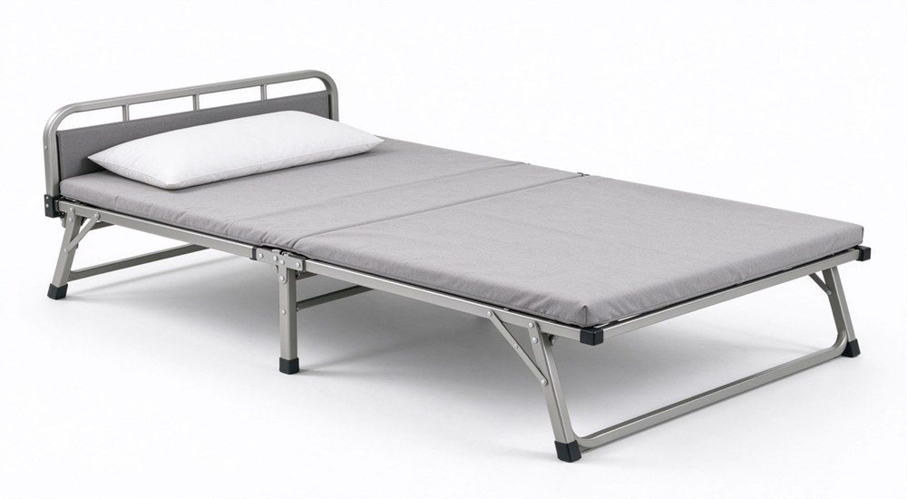 Foldable metal school folding bed on white background for wholesale school furniture, showing lightweight steel frame construction for bunk bed mattress support in dormitory bedding packages