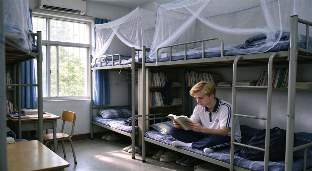 School dormitory room bunk bed student reading for school dormitory supplies, showing comfortable bedding and reading setup in bunk bed for wholesale school dormitory bedding and textile supply School dormitory room bunk bed student reading for school dormitory supplies, showing comfortable bedding and reading setup in bunk bed for wholesale school dormitory bedding and textile supply