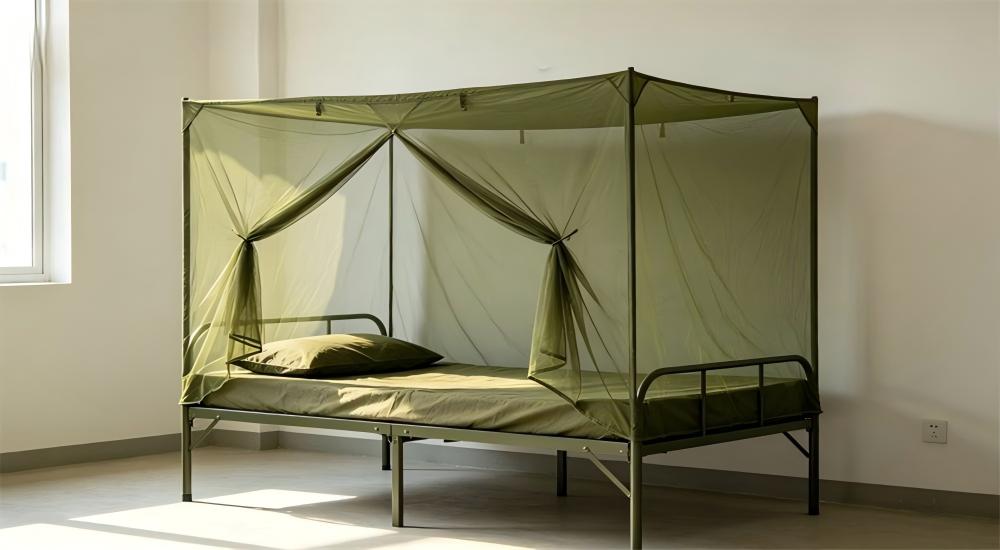 Rectangular military mosquito net fitted over a barracks bunk for military textiles wholesale insect protection for military textiles wholesale insect protection and sleeping