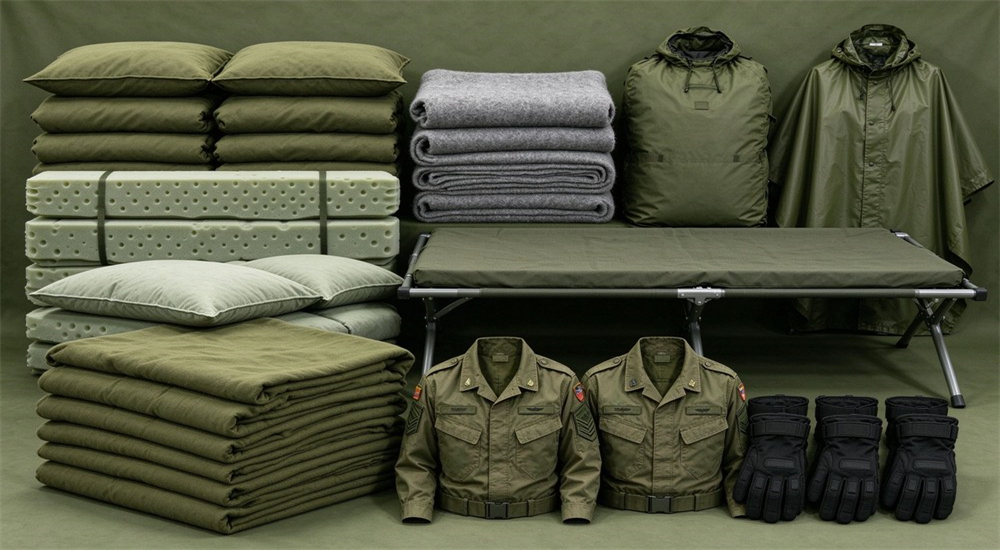Field tactical supplies with bedding and uniforms, complete durable outdoor field gear equipment for field operations. Field tactical supplies with bedding and uniforms, complete durable outdoor field gear equipment for field operations.