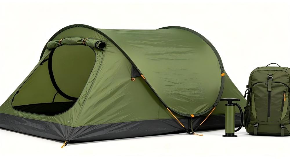 Olive green inflatable emergency tent with hand pump and storage backpack, durable waterproof disaster relief shelter