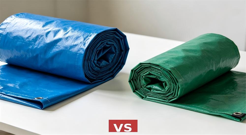 Rolled blue and green waterproof tarpaulin, heavy duty PVC tarp with metal grommets for emergency shelter