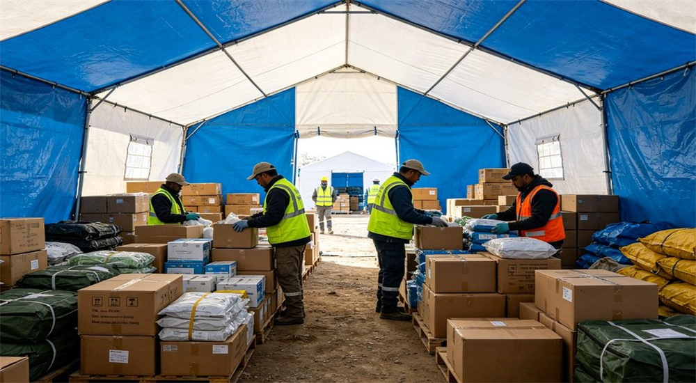 Workers sort disaster relief supplies inside large blue and white emergency tent warehouse