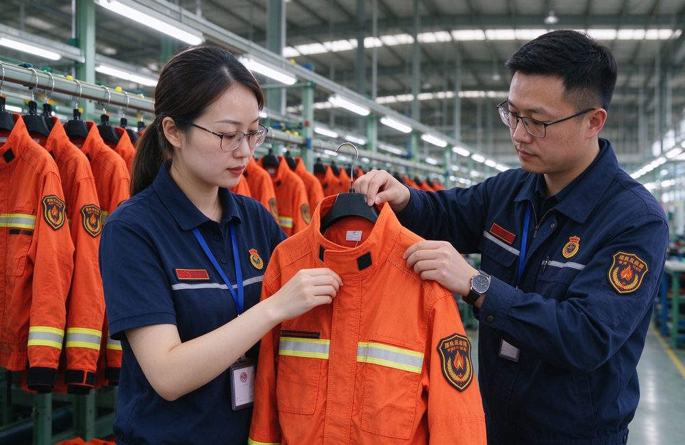 High-angle view of factory inspection of orange with yellow trim wildland firefighting clothing production for forest fire suit quality and wildland fire gear manufacturing verification for forest fire suit export supply