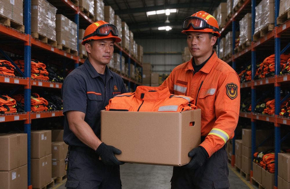 Eye-level view of forest fire suit lightweight fabric detail for wildland firefighting clothing weight reduction and wildland fire gear mobility in steep terrain