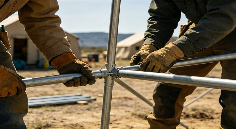 Workers setting up frame tent at remote construction site deployment