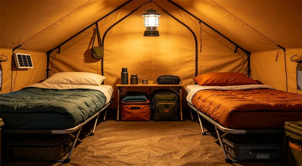 Remote camp tent interior with folding mattresses and bedding sets for worker comfort