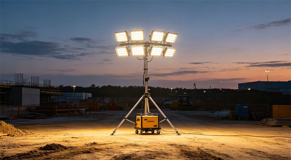Portable area lighting tower with multiple LED panels for large camp perimeters