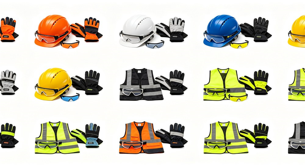 Multiple PPE sets in color combinations helmet vest gloves goggles for crew identification