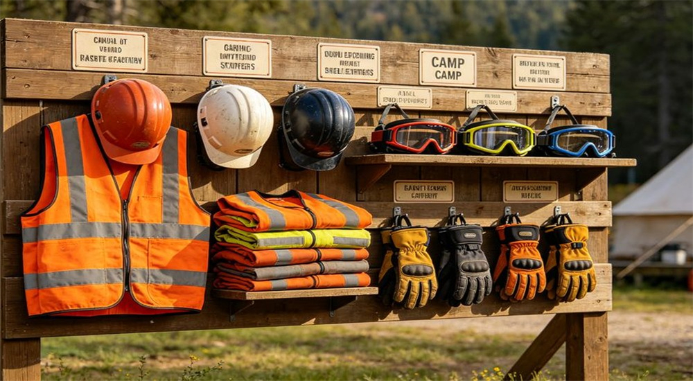 Safety equipment station at camp site with helmets vests gloves goggles organized display