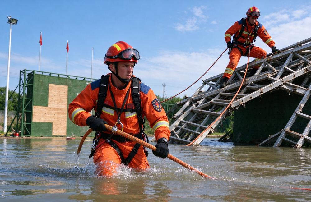 Ground-level view of multi mission rescue scenario with team in emergency rescue clothing for orange with reflective trim rescue uniform versatility and emergency response operations for rescue uniform export supply