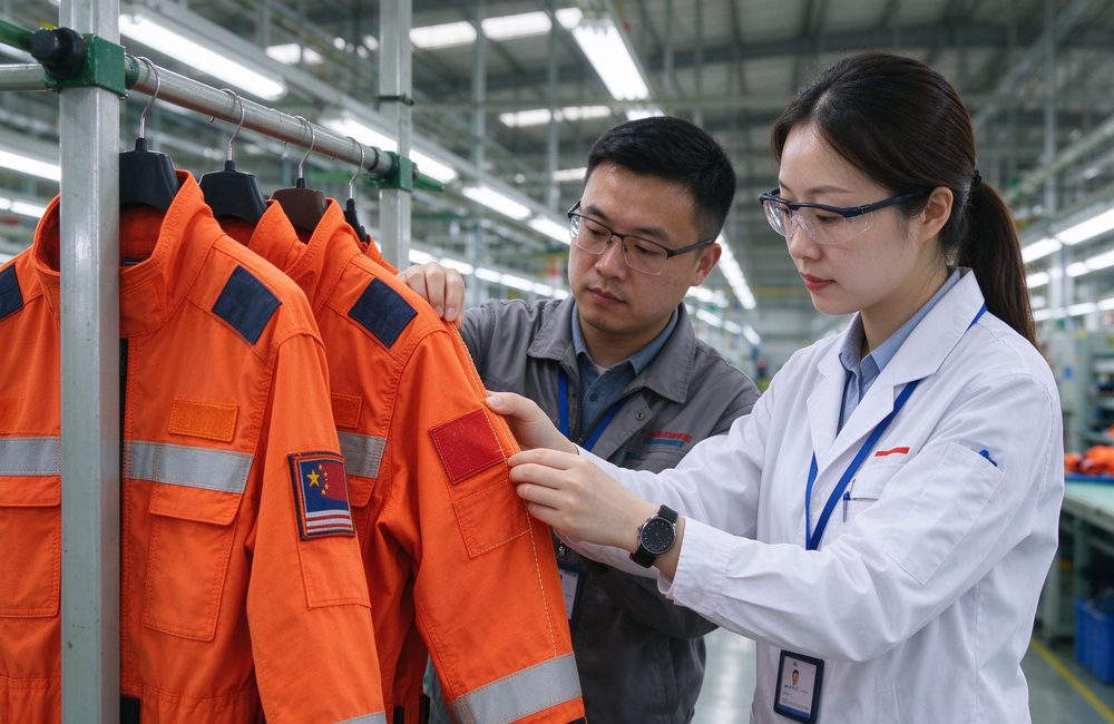 Aerial view of factory quality check of emergency rescue clothing for orange multi pocket rescue uniform production standard and emergency response clothing manufacturing control for emergency rescue clothing buyers