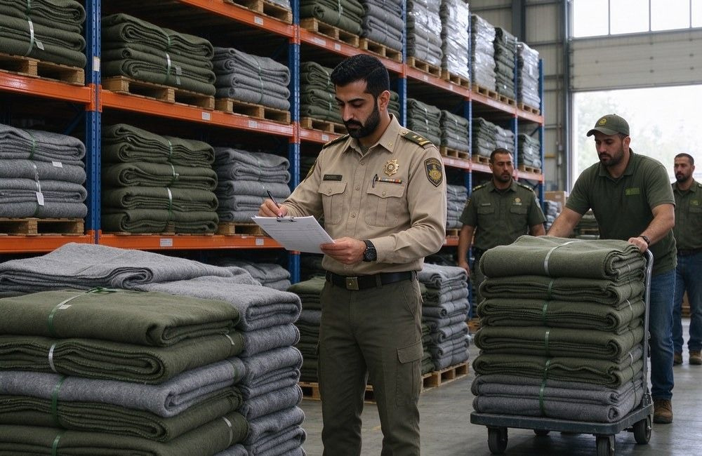 Middle Eastern staff member in khaki uniform checks a list between shelves of olive and grey blanket rolls while another worker moves stock on a cart in a government warehouse