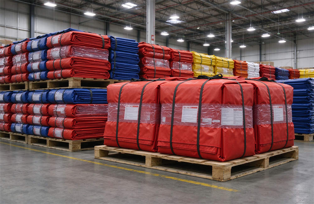 Bulk emergency tarps stacked on pallets in warehouse, 12x16 foot polyethylene temporary roof repair tarps for high wind disaster relief and emergency shelter supplies