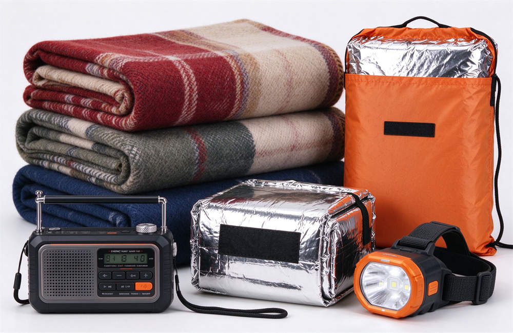 Emergency warmth gear flat lay: thick wool blankets, emergency sleeping bags, hand crank radio, LED headlamp, cold weather disaster relief supplies for shelter operations