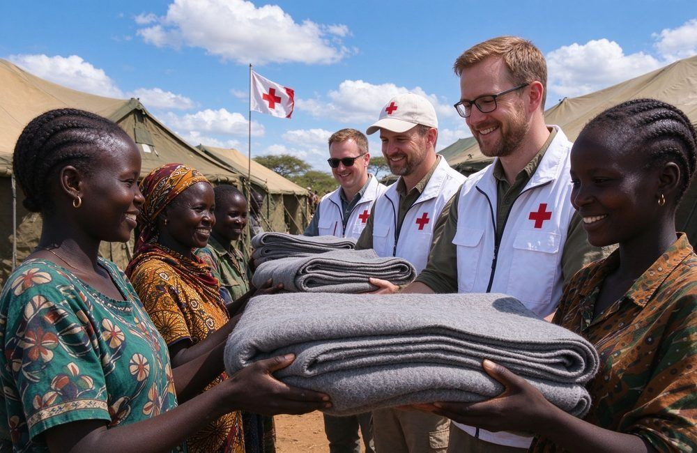 Red Cross relief volunteers of different nationalities handing folded grey blankets to African families in a bright field distribution, showing Red Cross relief supply chain delivery