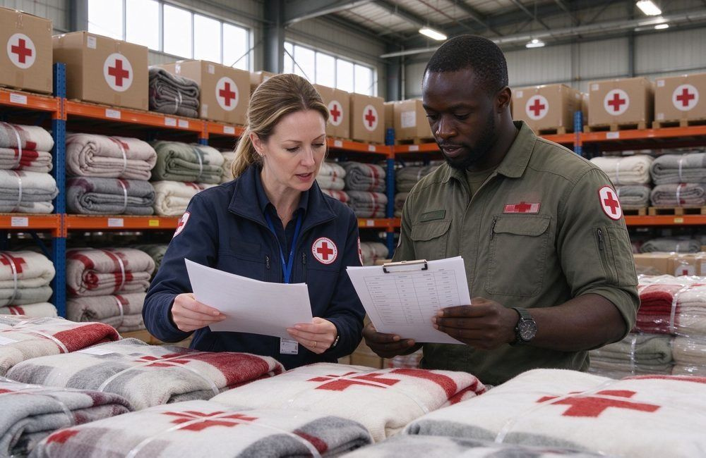 European female and African male Red Cross staff checking relief goods against a checklist beside stacked bales in a bright warehouse, showing IFRC supplier standards verification