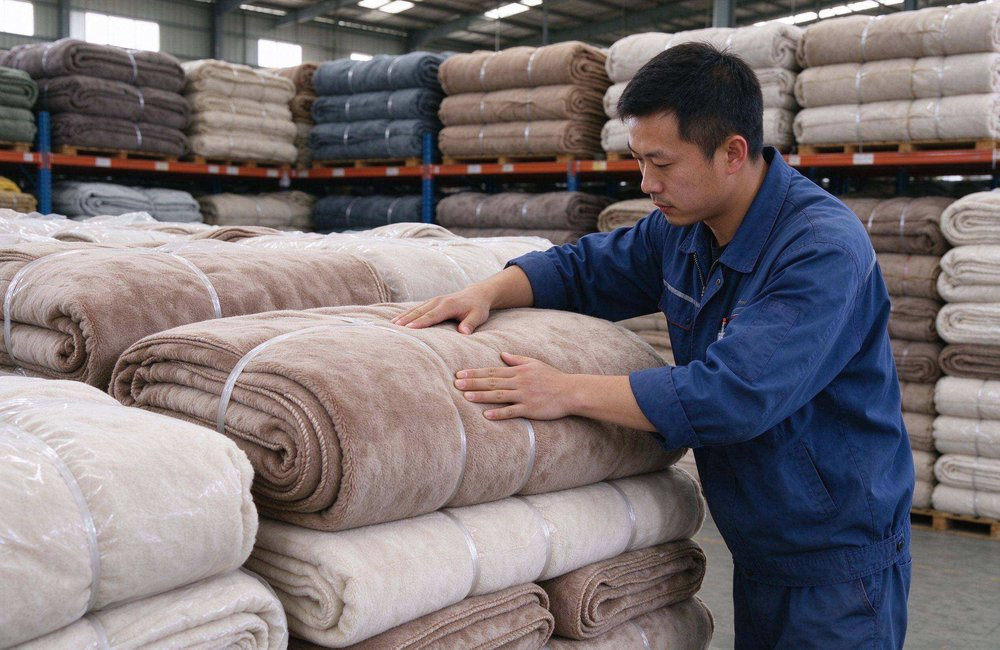 Prepositioned relief stock warehouse with rows of blanket bales and supply cartons on pallets, showing Red Cross relief supply chain prepositioning for NGO tenders