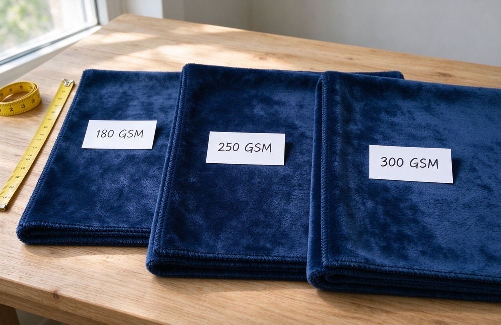 Comparison of blanket fabric weights with 190 GSM and 210 GSM samples side by side on a bright table, showing NGO blanket specifications GSM options