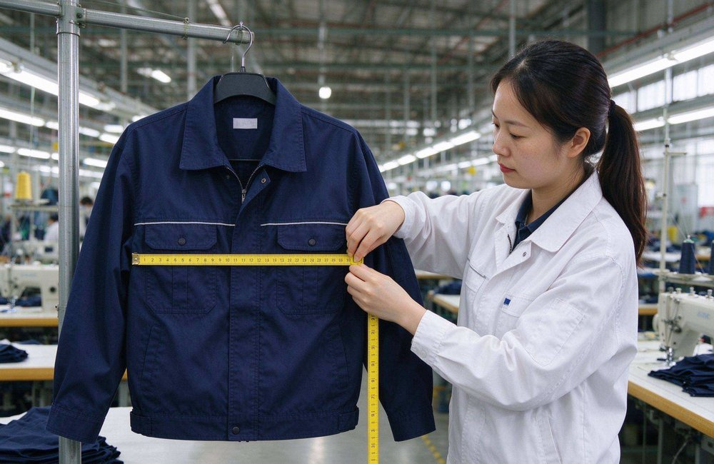 Asian quality inspectors measuring blanket size and weight in a bright production workshop, showing NGO tender blankets inspection before shipment