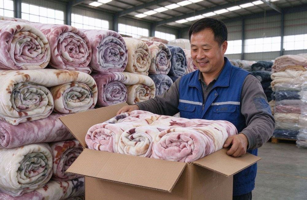 Warehouse staff opening a carton of humanitarian relief blankets for delivery inspection beside stacked bales, showing NGO sample approval workflow quality check