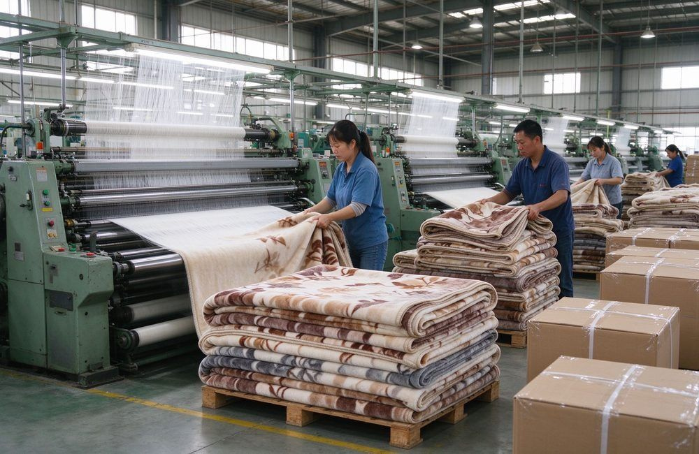 Bright blanket factory production line with weaving machines and Asian workers folding finished blankets, showing NGO tender blankets manufacturing capacity