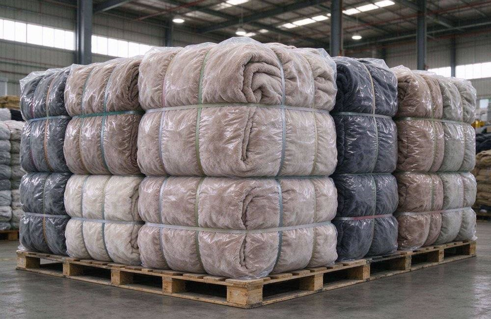 Compressed relief blanket bales packed tightly inside an ocean freight container at a bright dock, showing NGO bulk order relief supplies shipping preparation
