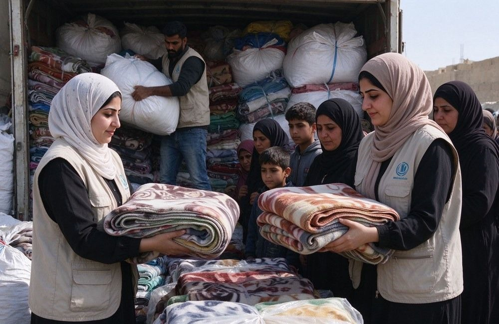 Two Middle Eastern female volunteers in plain vests distribute folded blankets to queuing families beside a supply shelter full of blanket packs at an NGO distribution point