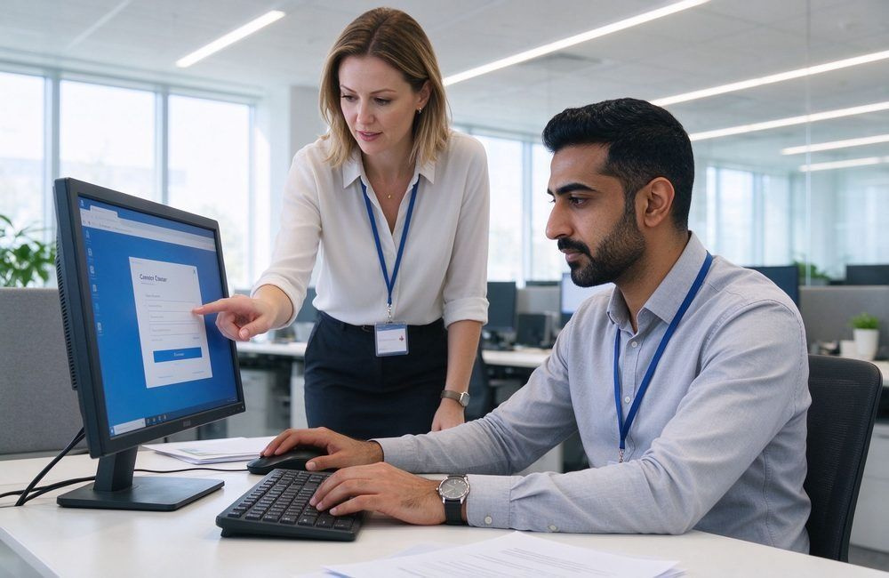 Middle Eastern supplier manager completing online UNHCR supplier portal registration on a computer while a European colleague guides him in a bright office, showing how to register on the UNHCR supplier portal