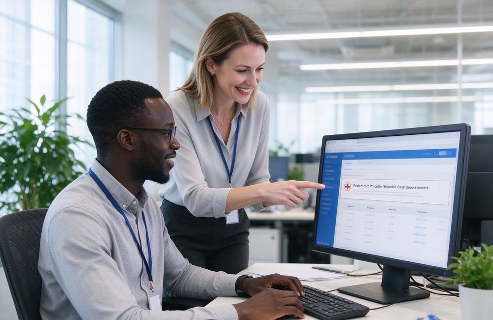 African supplier manager checking UNGM tender alert emails on a computer while a European colleague points at the screen in a bright office with green plants, showing UNGM registration suppliers account management