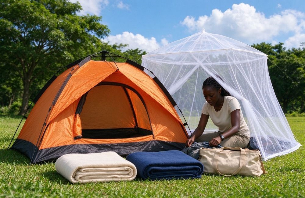 Bright African displacement camp with rows of emergency family tents and families settling, showing UN agency relief procurement of emergency tents for Africa