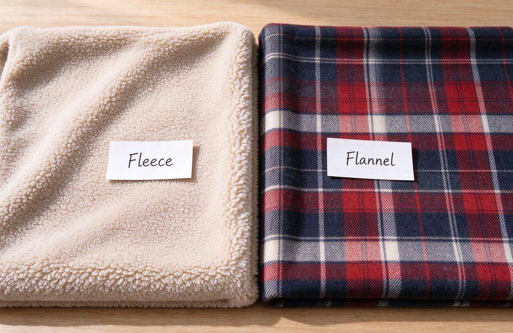 Close-up comparison of fleece and flannel blanket fabric side by side on a bright wooden table, showing UN agency product categories specification decisions