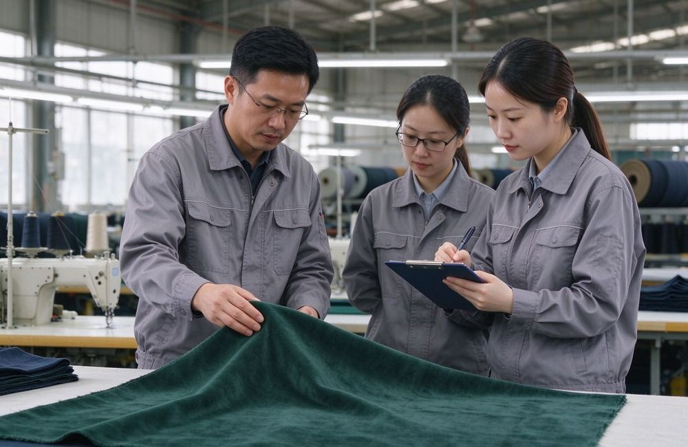 Asian inspector checking blanket edge stitching and seam density at a bright factory table, showing quality standards in UN supply sample approval