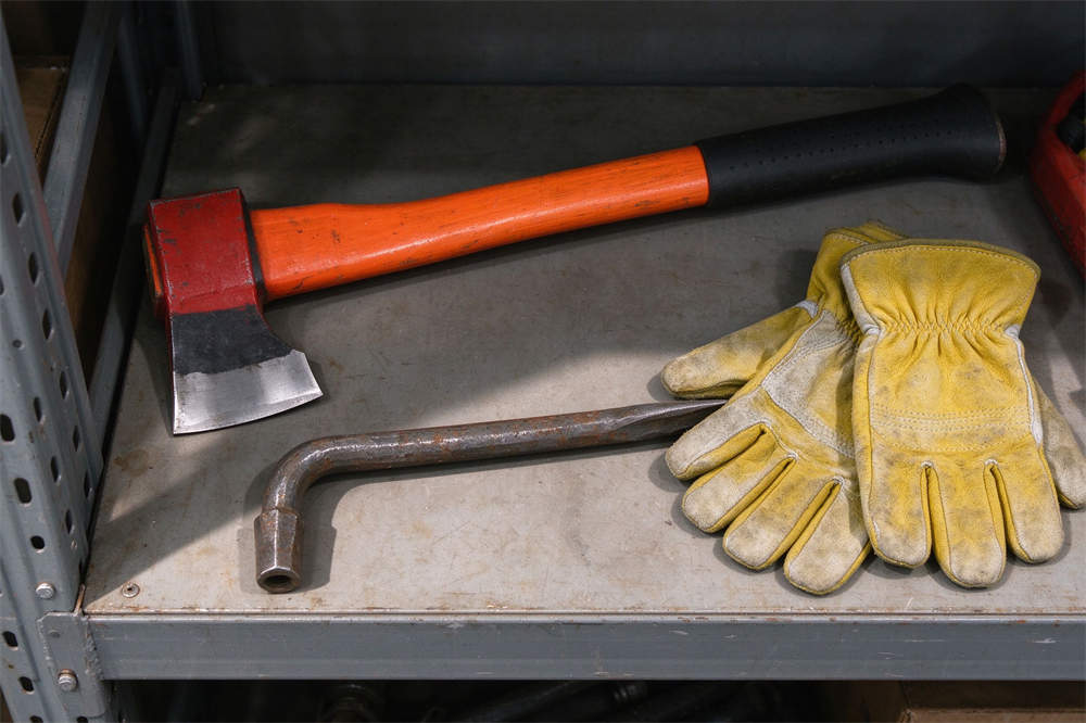Emergency response tools: fire axe, pry bar, work gloves for disaster preparedness, bulk emergency supplies for rescue and recovery operations Emergency response tools: fire axe, pry bar, work gloves for disaster preparedness, bulk emergency supplies for rescue and recovery operations